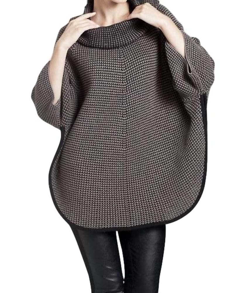 Front of a model wearing a size XL Cowl Neck Tweed Poncho in Taupe/Black in Taupe/Black by ANGEL. | dia_product_style_image_id:327514